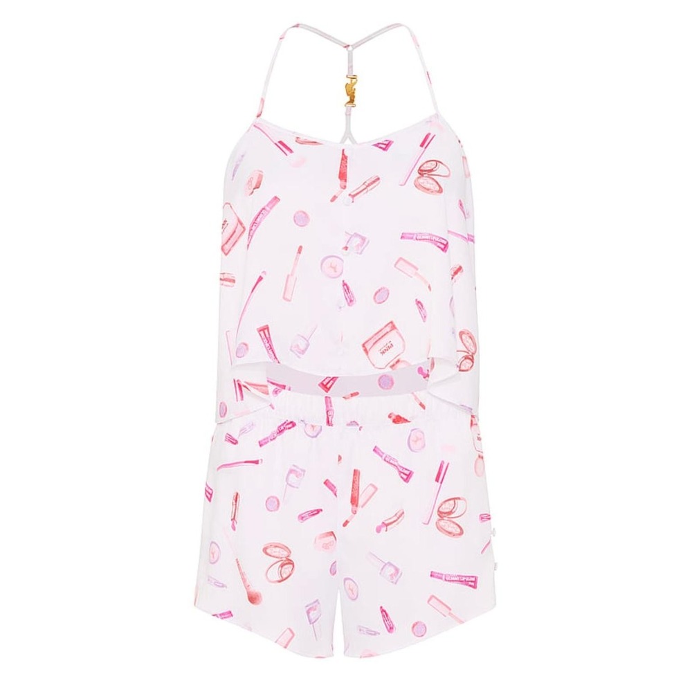 VICTORIA'S SECRET PINK New MEDIUM Pajama Set Satin Cami Shorts Makeup Print Logo - Picture 3 of 16